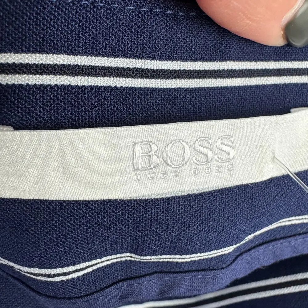 Hugo Boss Navy White Striped Tebella Cropped Bootcut Dress Pant Side Zip Size 8
